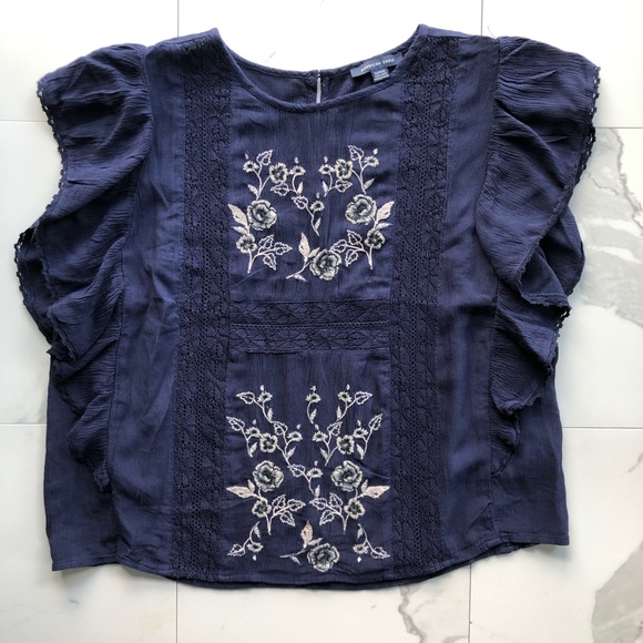 American Eagle Blue And White Embroidered Top - Picture 2 of 8